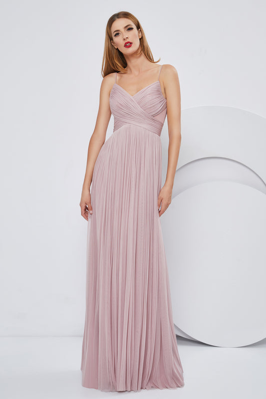 Spaghetti Strap Pleated Silk Tulle Gown