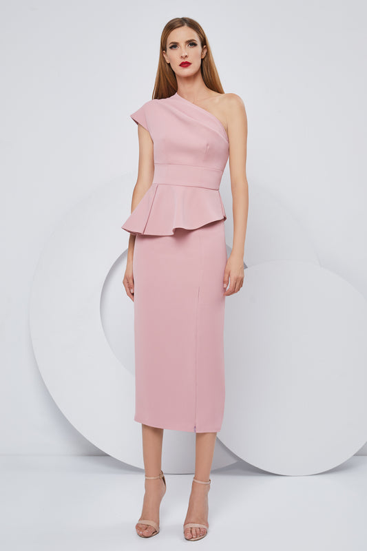 Stretch Crepe One Shoulder Blouse and Midi Skirt