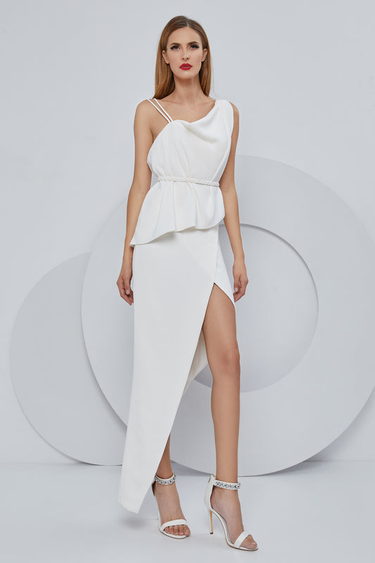 Sleeveless Stretch Crepe Peplum Evening Dress