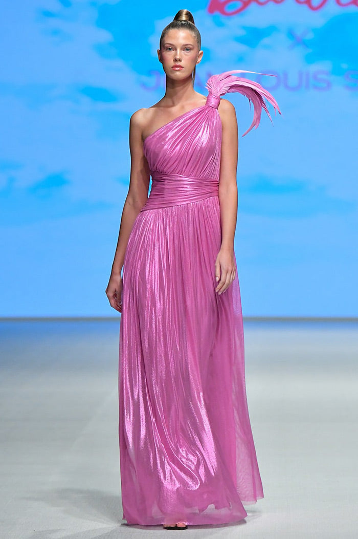 Silk Foiled Tulle Gown with Feathers