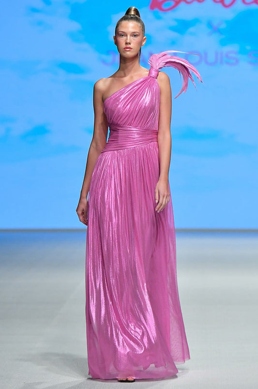 Silk Foiled Tulle Gown with Feathers