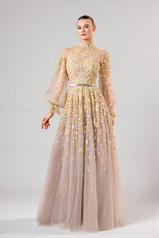 Long Sleeve Tulle Gown