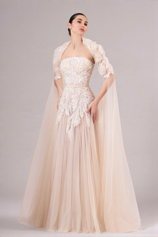 Floral Sleeve Tulle Gown