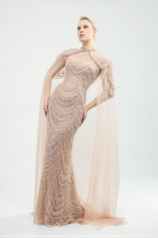 Fully Embroidered Cape Gown