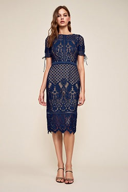 Bobek Navy Lace Tea Length Dress