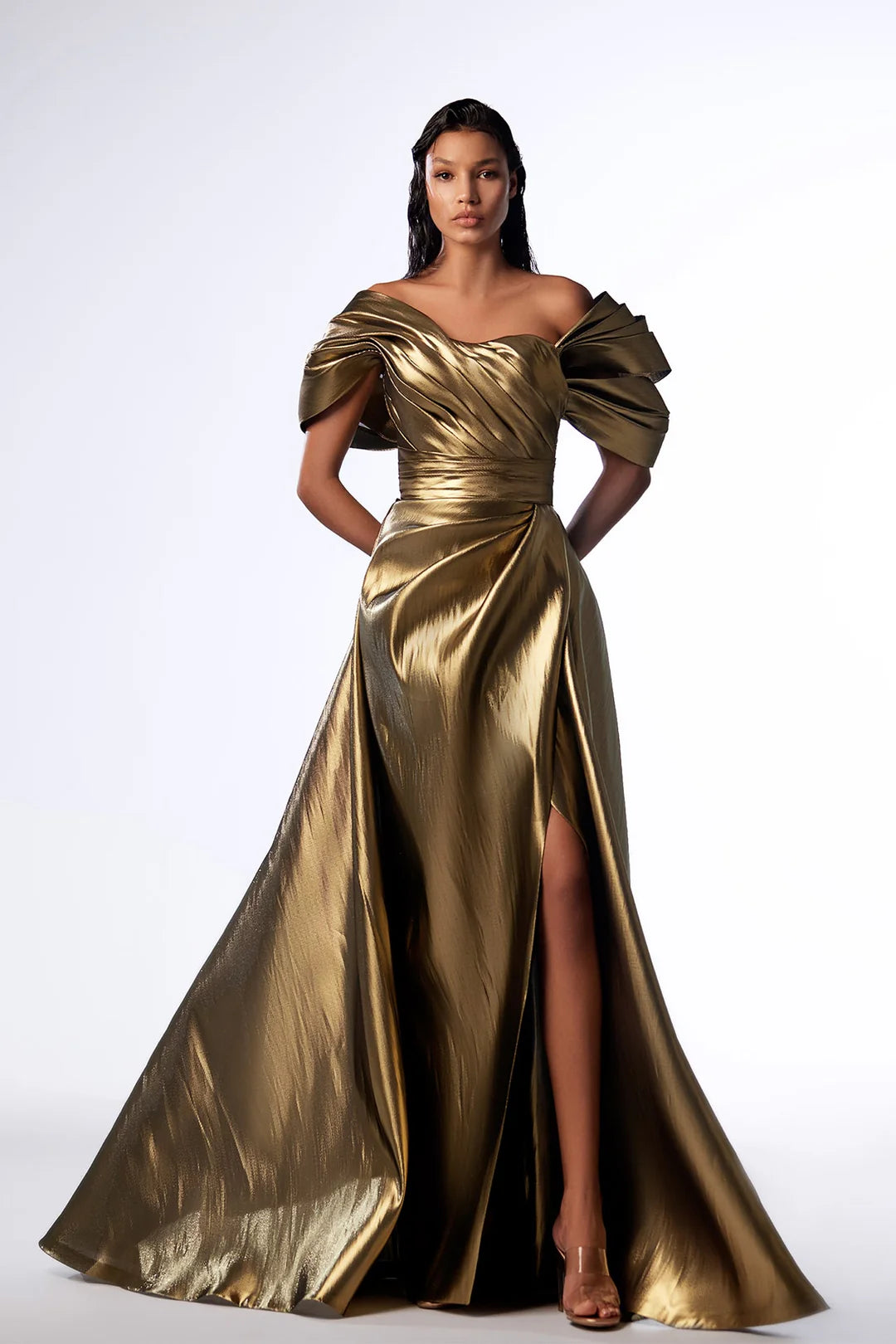 Short Sleeve Ruched Evening Gown