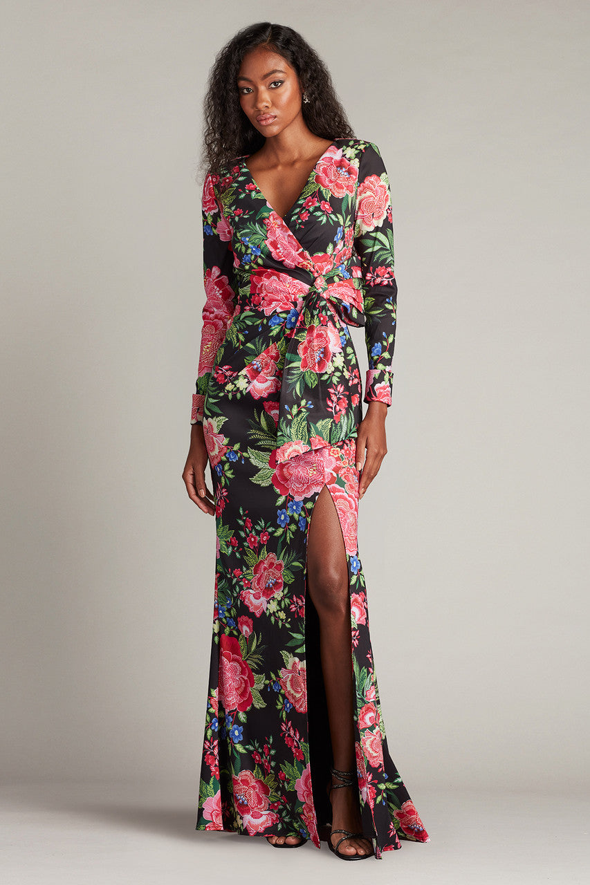 Floral Long-Sleeved Slit Gown