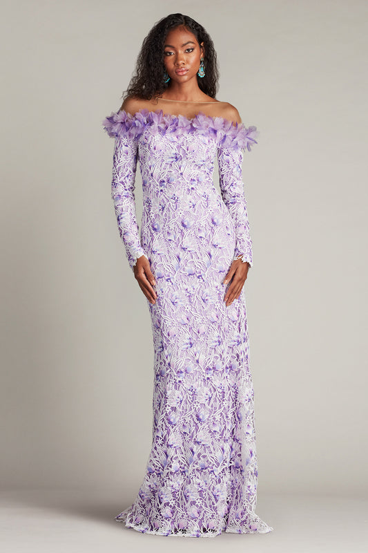 Off the Shoulder Long Sleeve Illusion Gown