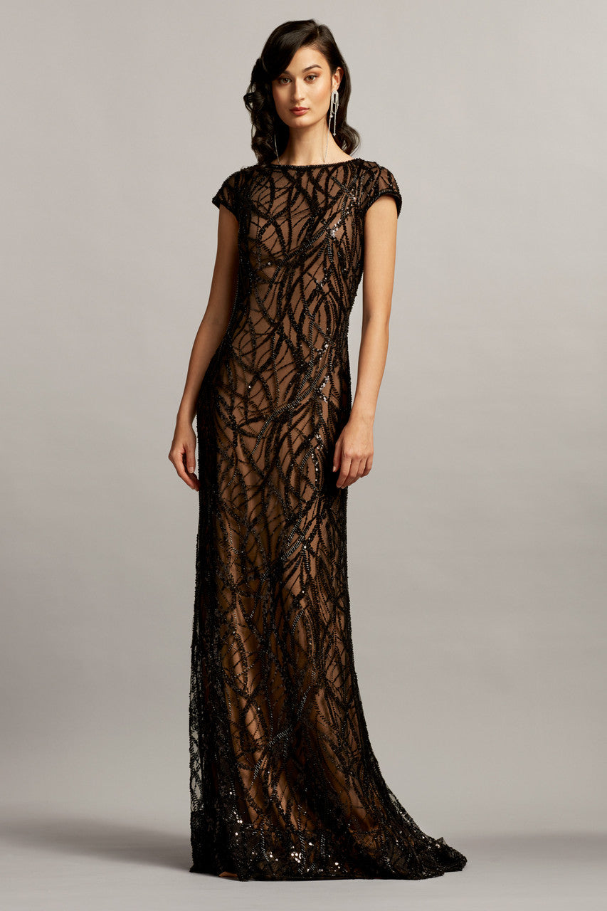 Embroidered -Tulle Cap Sleeve Gown