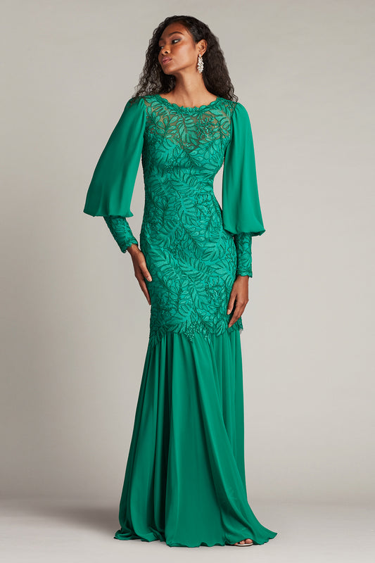Embroidered Gown with Bishop Sleeves