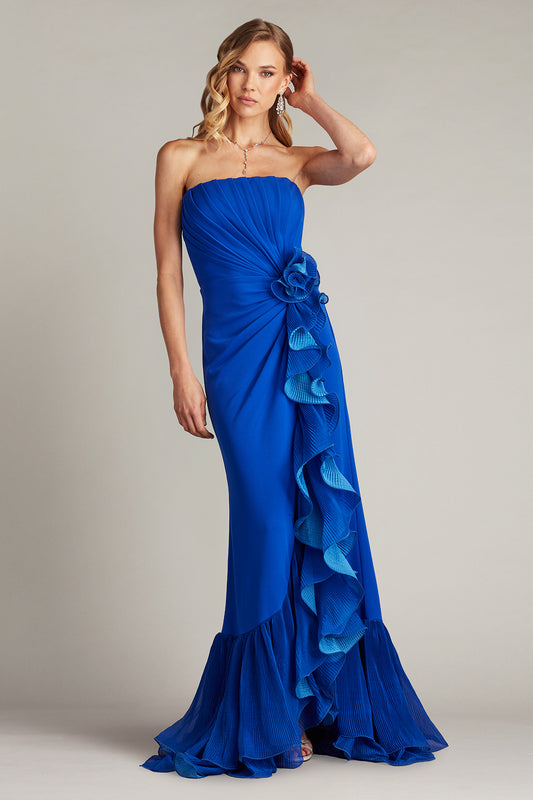 Pleated Strapless Gown with Cascading Ruffles