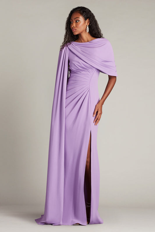 Draped Cape Sleeve Slit Gown