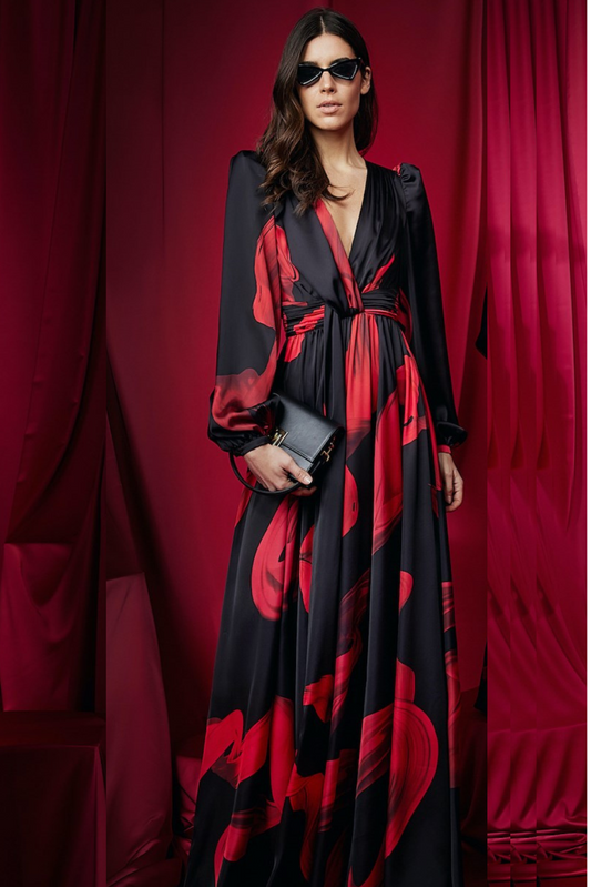 Flying Ribbons Printed Satin Gown