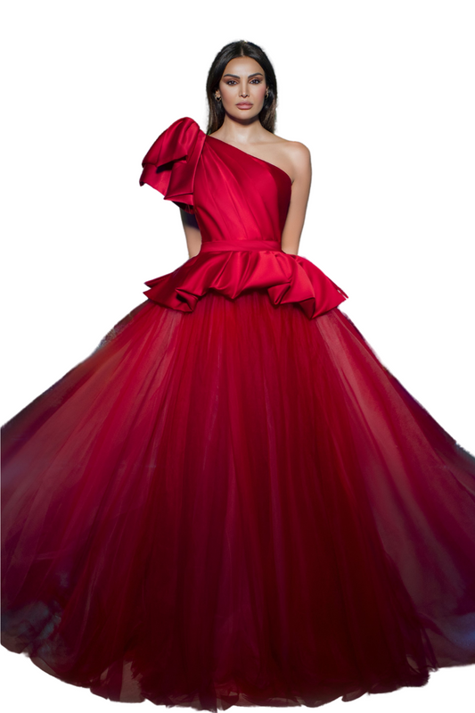 One-Shoulder Satin & Tulle Gown