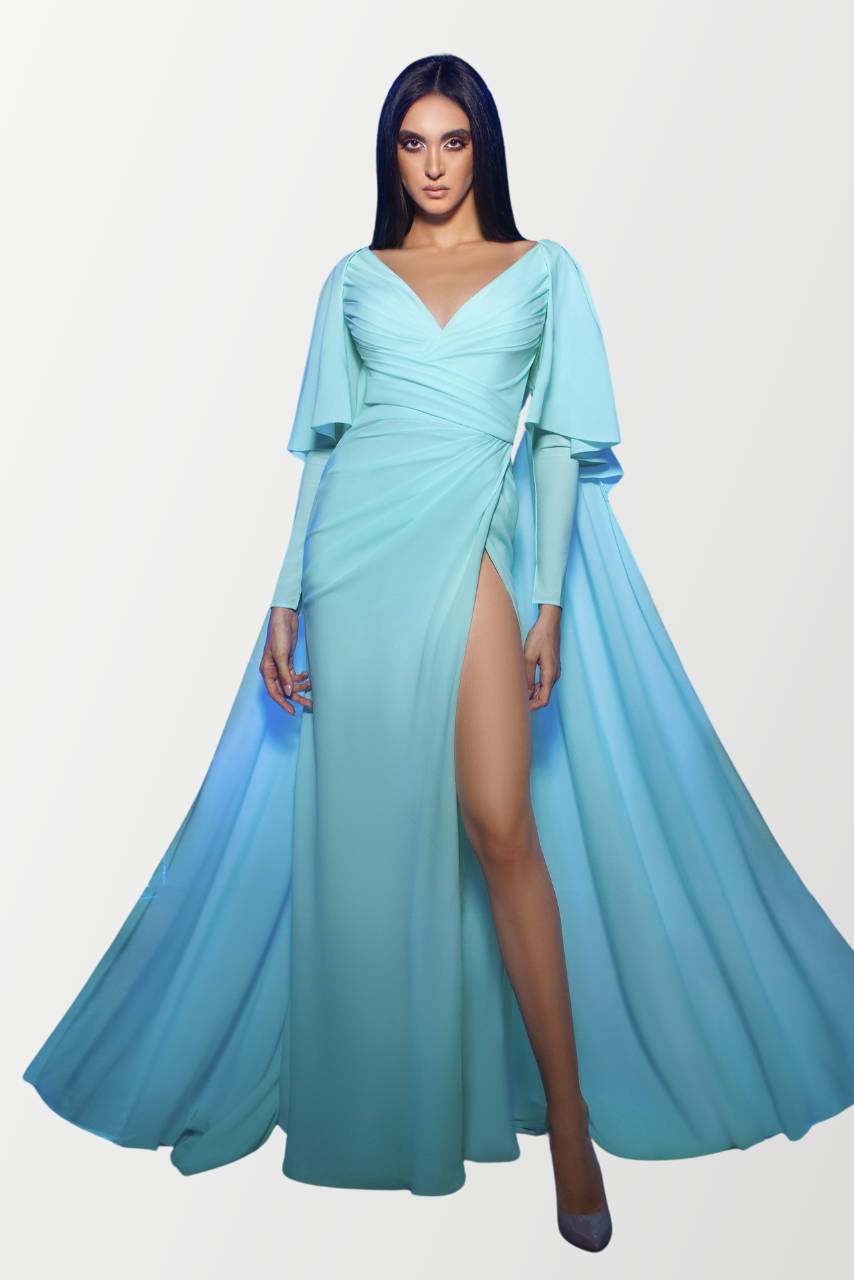 Long Sleeve V-Neck Evening Dress