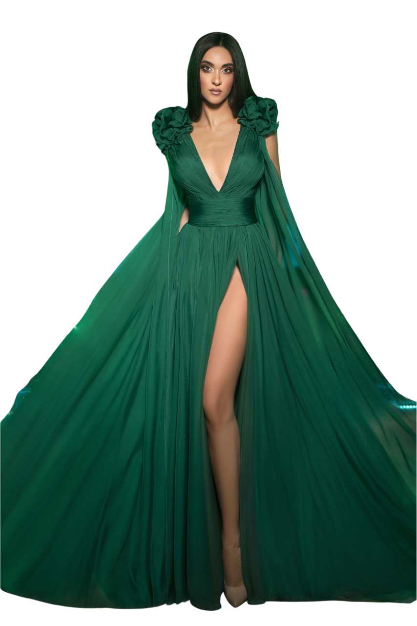 Floral Cap Sleeve V-Neck Evening Gown