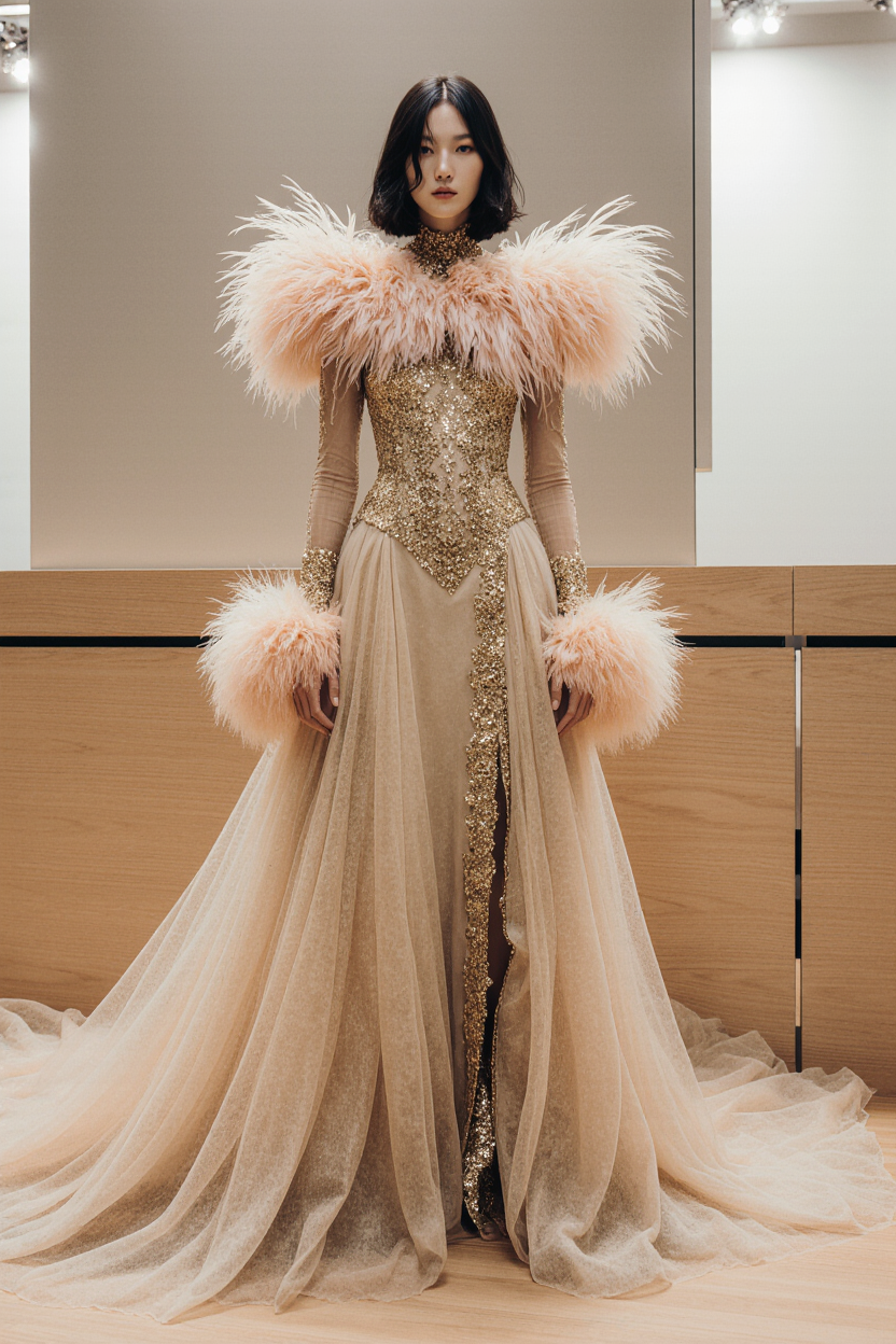 High Feathered Neck Gown