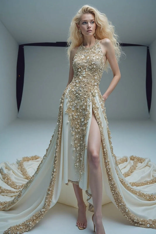 Embellished High-Low Sleeveless Gown