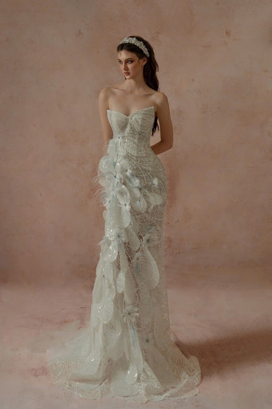 Floral-Embellished-Strapless Gown