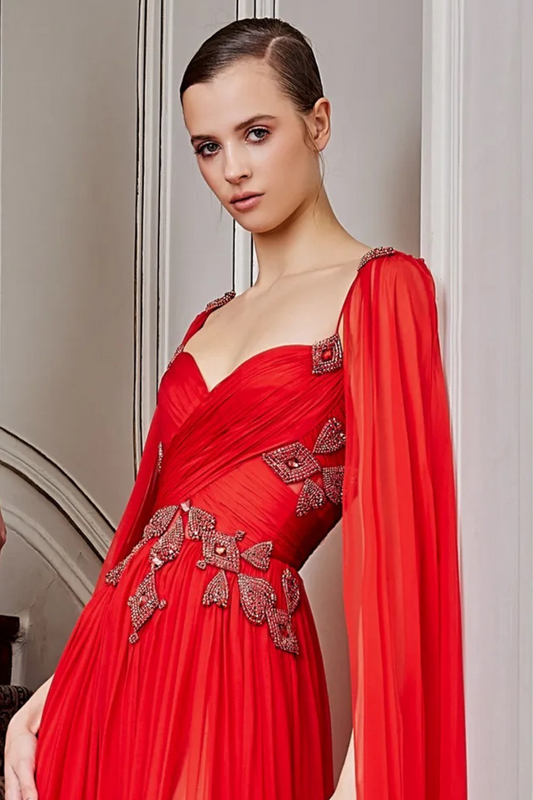 Beaded Chiffon Gown with Cape Sleeves