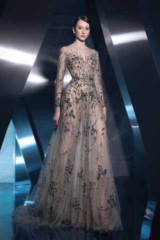 Sheer Illusion Sleeved Gown