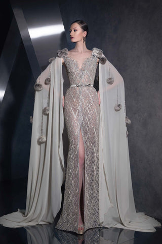 Sleeved Wide V-Neck Gown