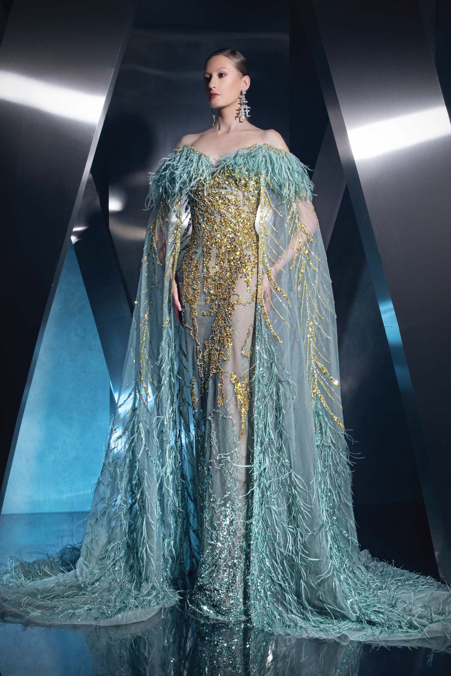 Feathered Off-Shoulder Gown