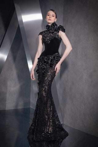 Floral Embellished Sleeved Gown